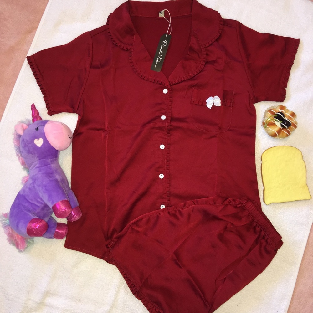 Wine Red White Bow Pajamas Set